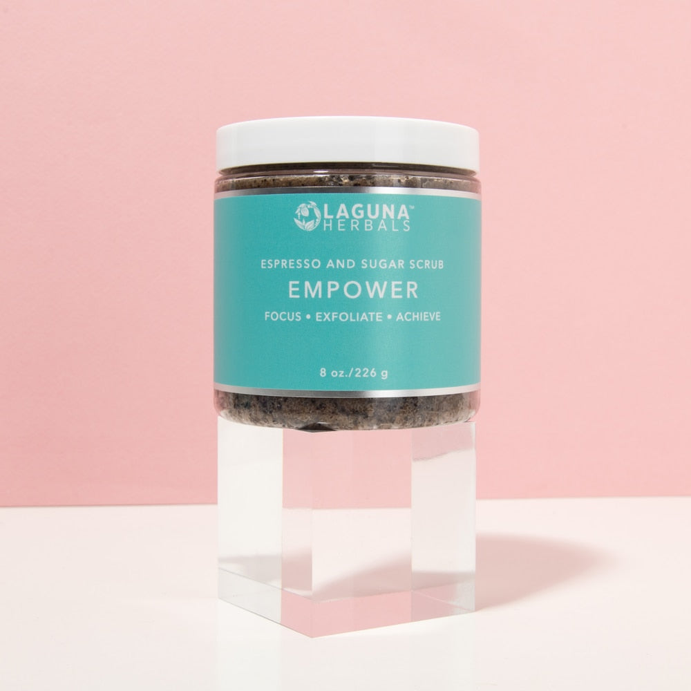 Empower Espresso & Sugar Scrub with Vibrant Packaging – Organic Body Polish for Smooth Skin.