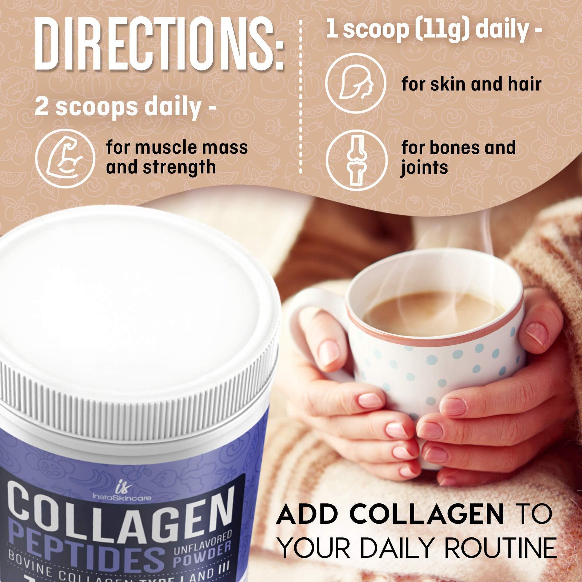 Collagen Powder Directions – Add 1-2 scoops daily for skin, hair, and joint health.