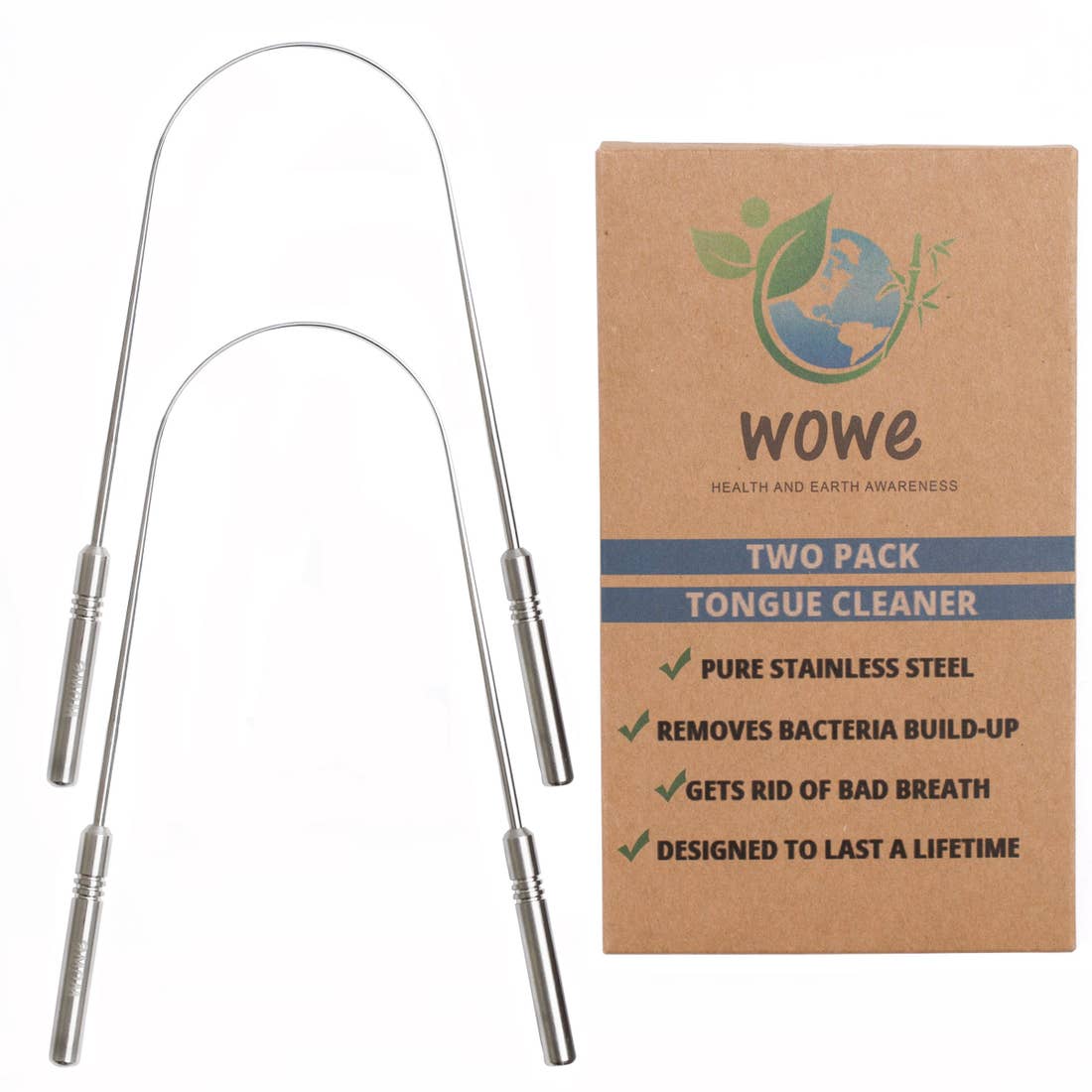 Stainless steel tongue scraper with recyclable packaging for a sustainable oral care routine.