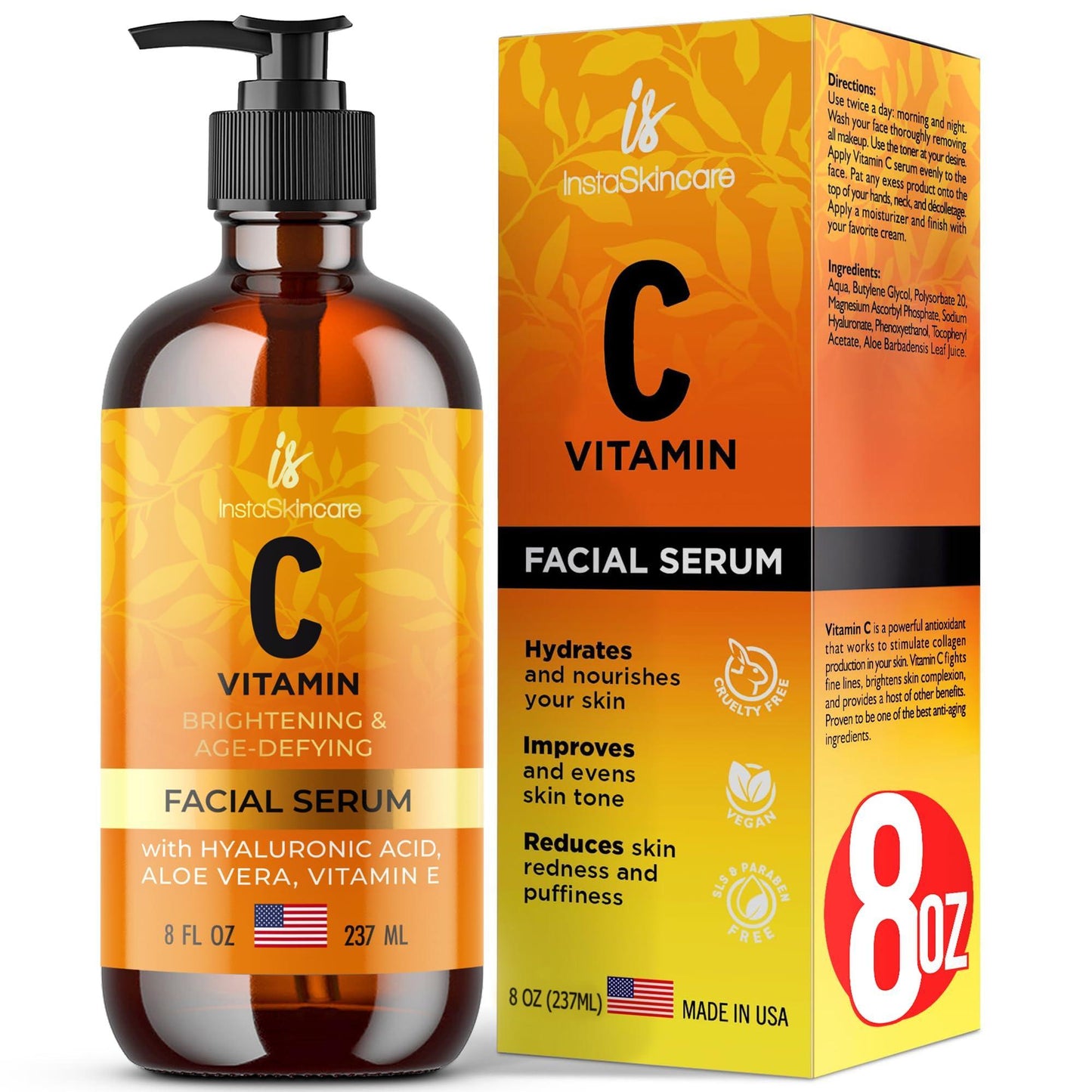 Vitamin C Brightening & Age-Defying Serum – 8oz bottle with detailed packaging showcasing product benefits.