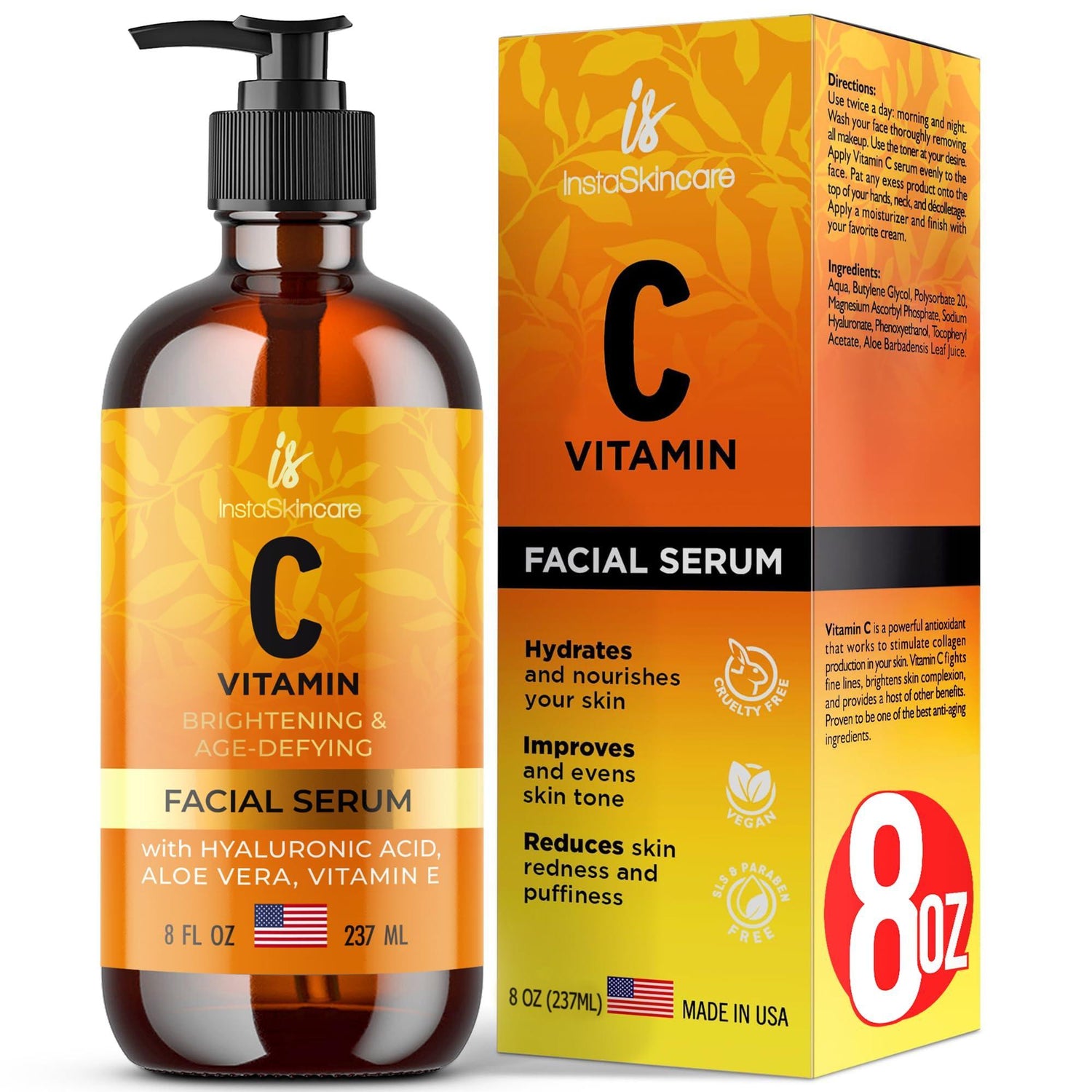 Vitamin C Brightening & Age-Defying Serum – 8oz bottle with detailed packaging showcasing product benefits.