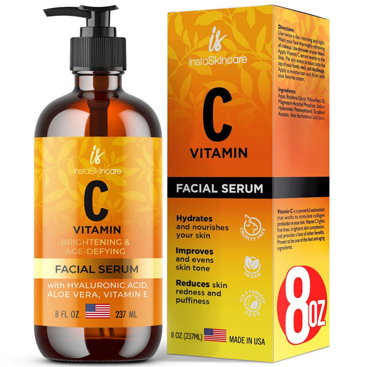 Vitamin C Brightening & Age-Defying Serum – 8oz bottle with detailed packaging showcasing product benefits.