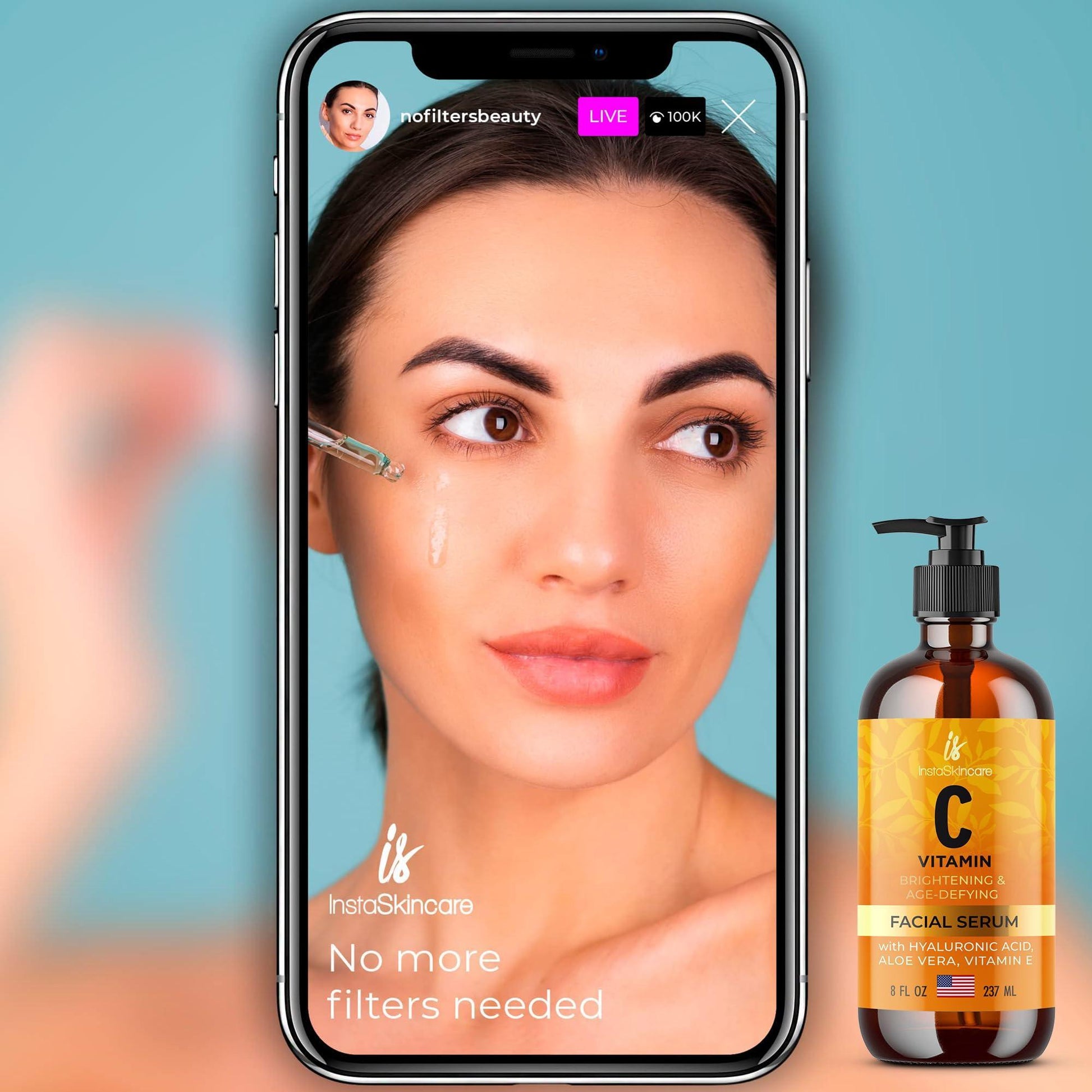 Live demo of Vitamin C Serum application on face via phone screen – emphasizing its effectiveness and clarity benefits.