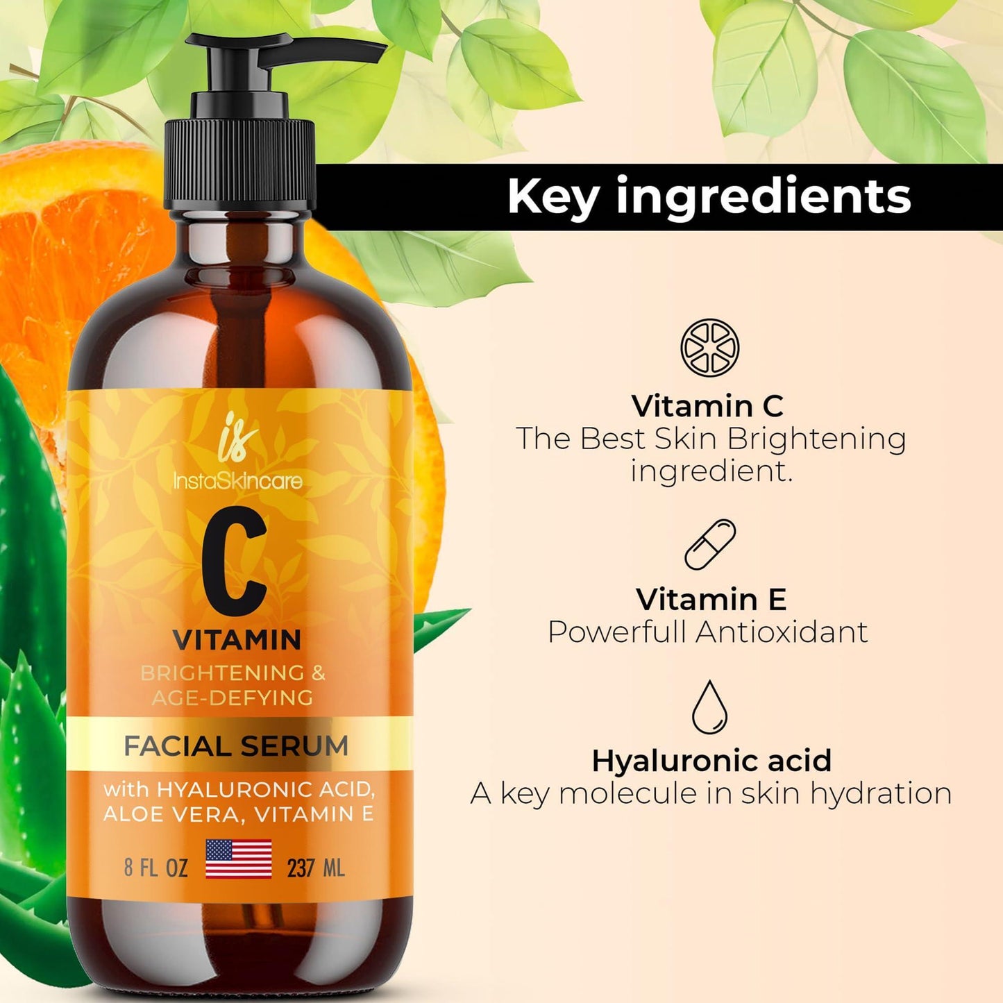 Key Ingredients – Vitamin C for brightening, Vitamin E as a powerful antioxidant, and Hyaluronic Acid for hydration.