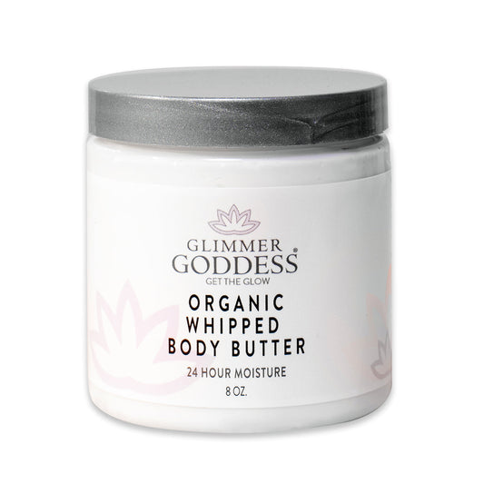 Glimmer Goddess Organic Whipped Body Butter – 24 Hour Moisture (8 oz) in a sleek white jar.