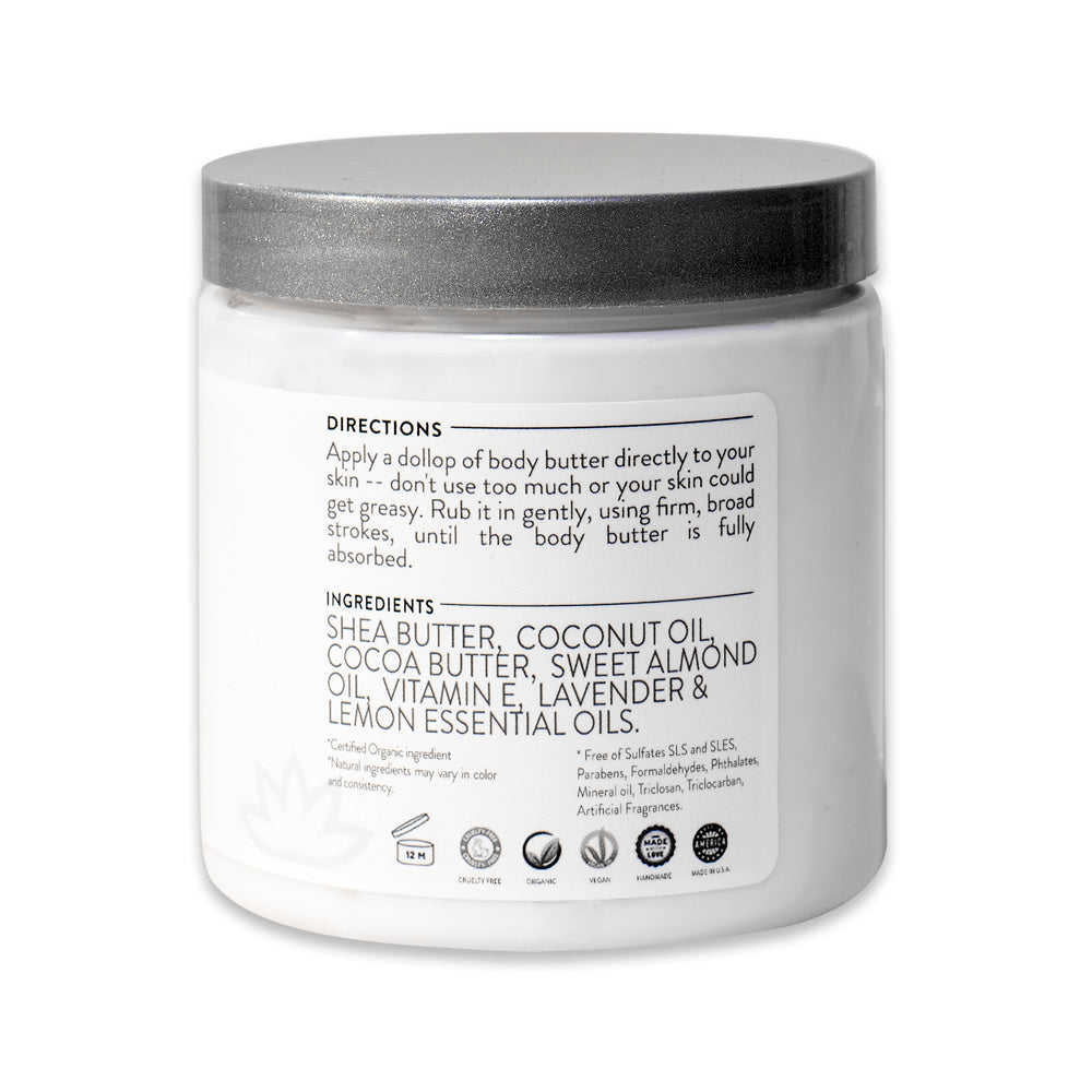 Detailed directions and ingredient list of Glimmer Goddess Organic Whipped Body Butter.