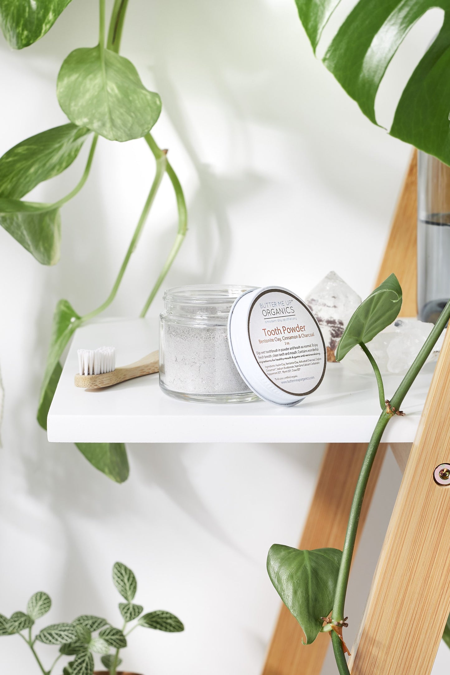 Minimalist display of Organic Tooth Powder on a shelf with natural decor and green plants.