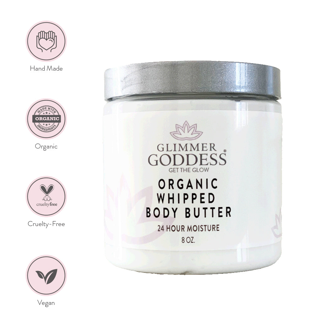 Glimmer Goddess Organic Whipped Body Butter with organic, vegan, and cruelty-free certifications.