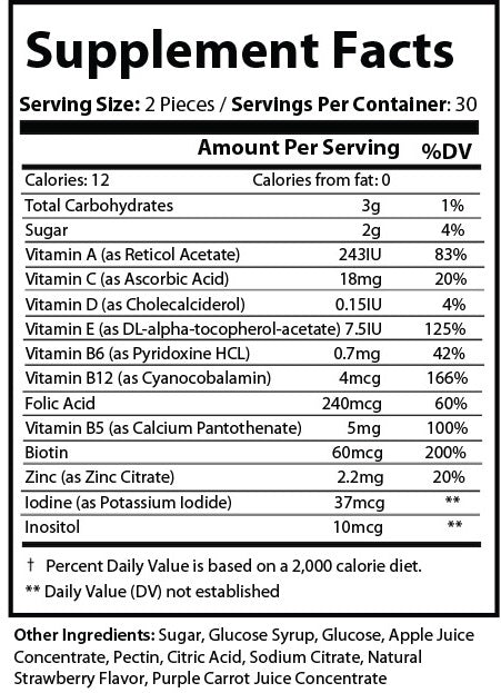 Nutritional information for Pure Multi-Vitamin Gummies.