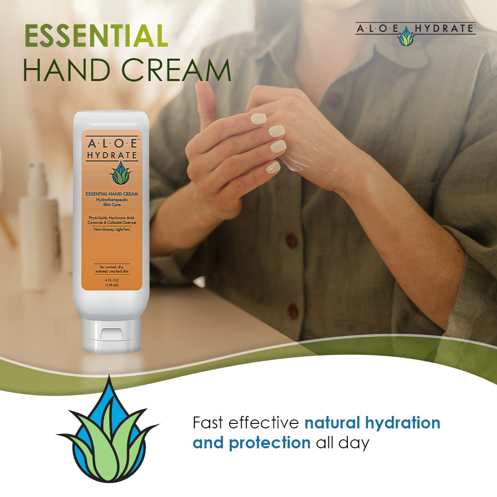 Essential Hand Cream with Aloe Vera – Fast-acting hydration and protection for hands, feet, and cuticles.