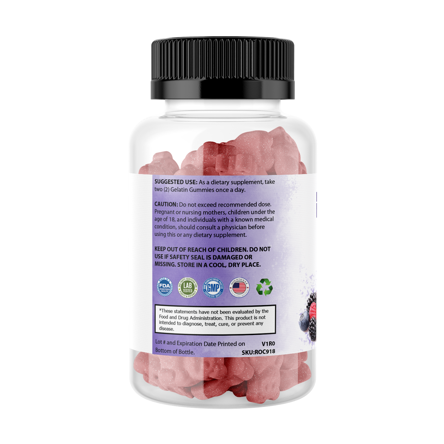 Pure Multi-Vitamin Gummies bottle back view showing features and benefits.