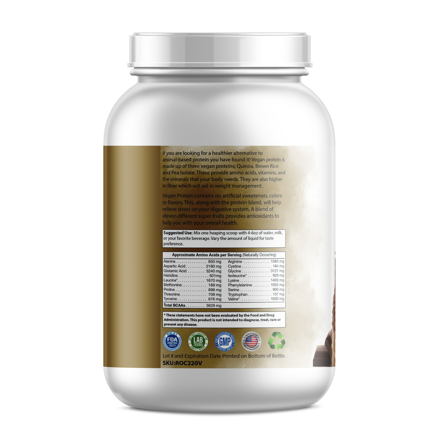 Nutritional information of Pure Plant Protein Powder - Chocolate Flavor.