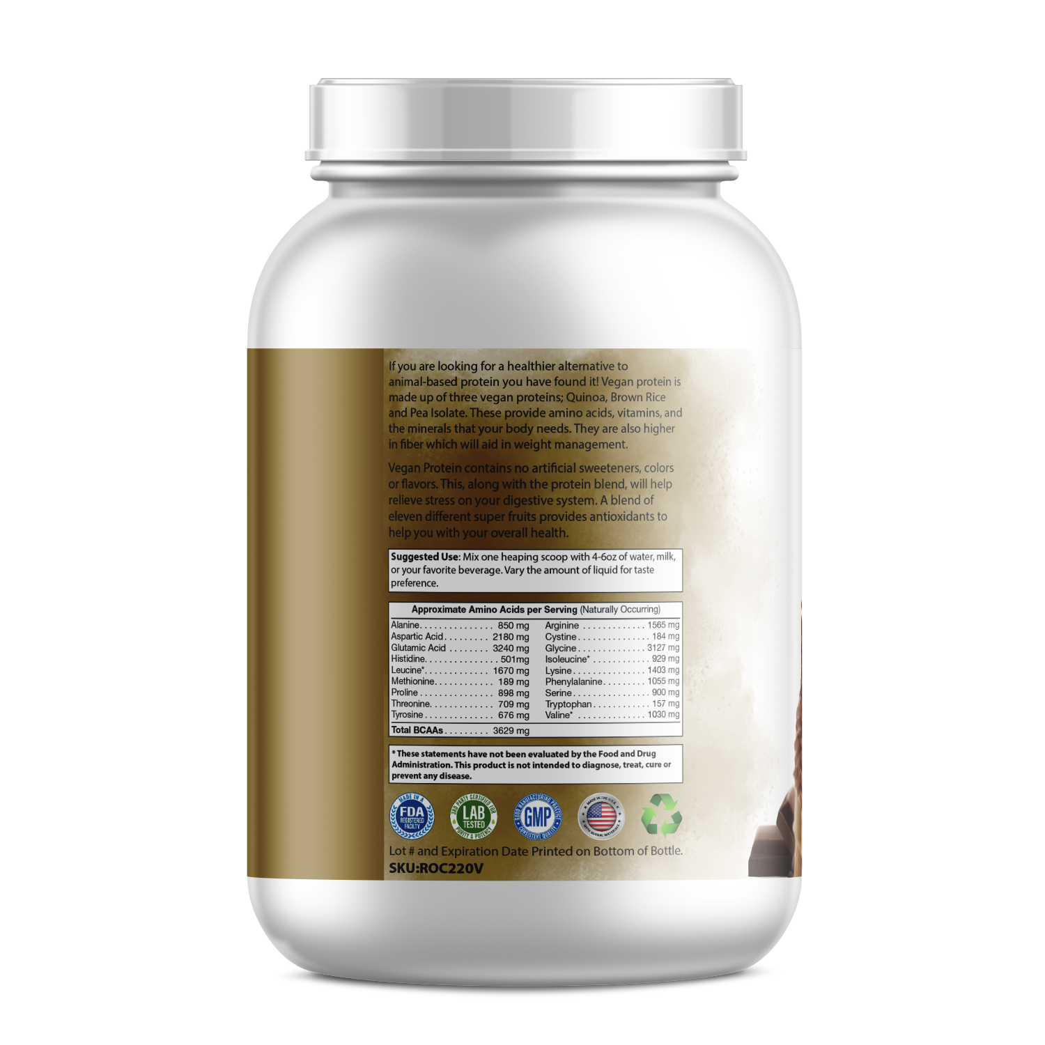 Nutritional information of Pure Plant Protein Powder - Chocolate Flavor.