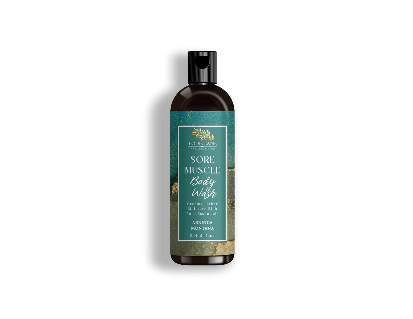 Single bottle of Arnica Montana Sore Muscle Body Wash – 12 oz size showcasing detailed label design.