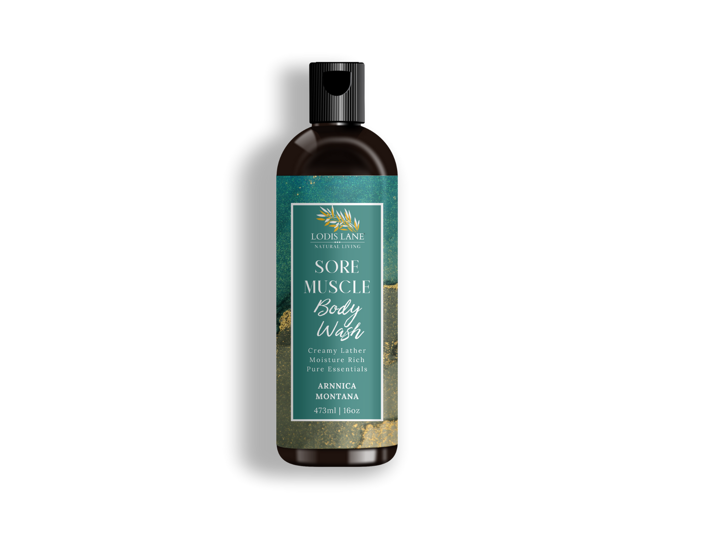 Single bottle of Arnica Montana Sore Muscle Body Wash – 16 oz size emphasizing premium quality and rich ingredients.