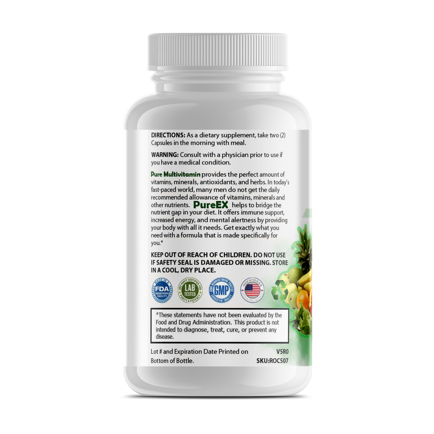 Pure Multi-Vitamin for Men - Supplement Certifications and Key Highlights on the Bottle Label.