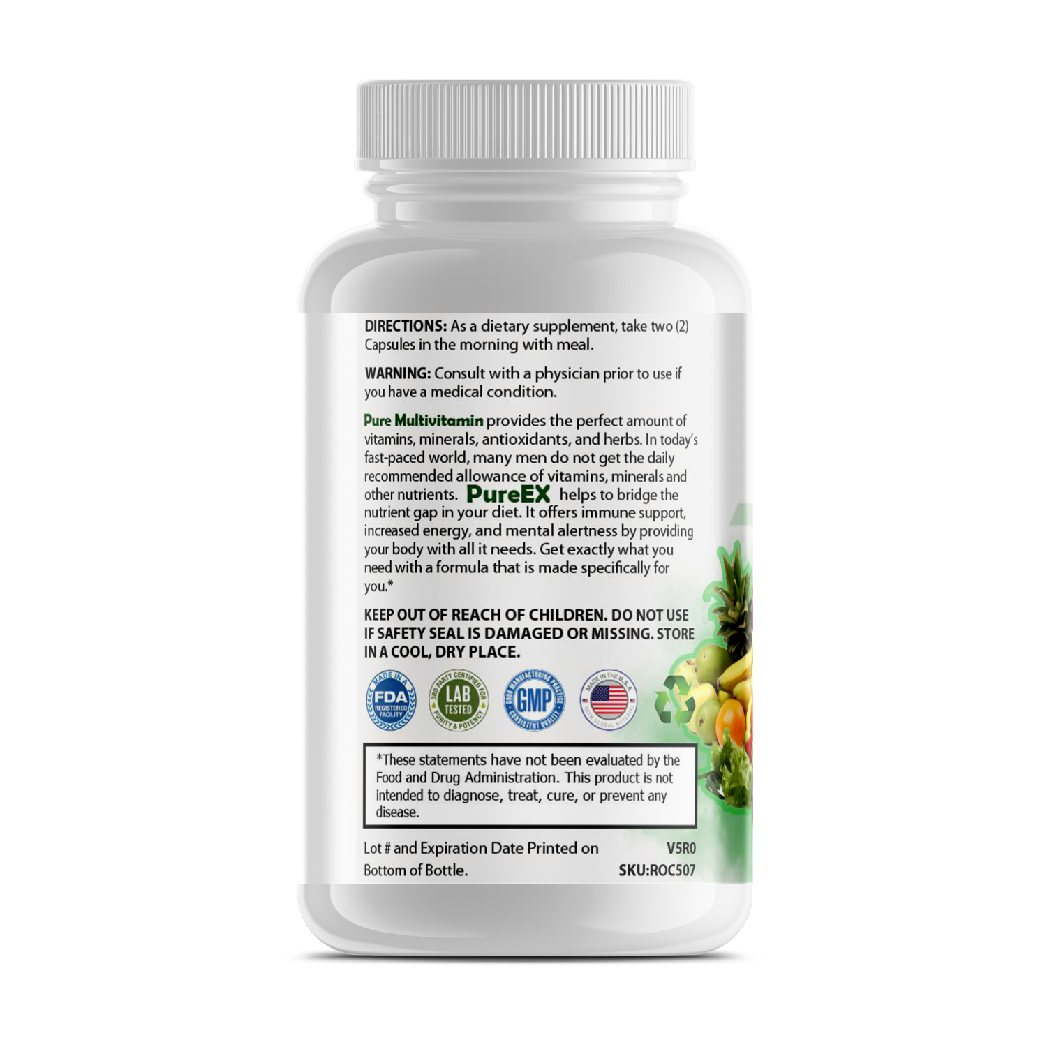 Pure Multi-Vitamin for Men - Supplement Certifications and Key Highlights on the Bottle Label.