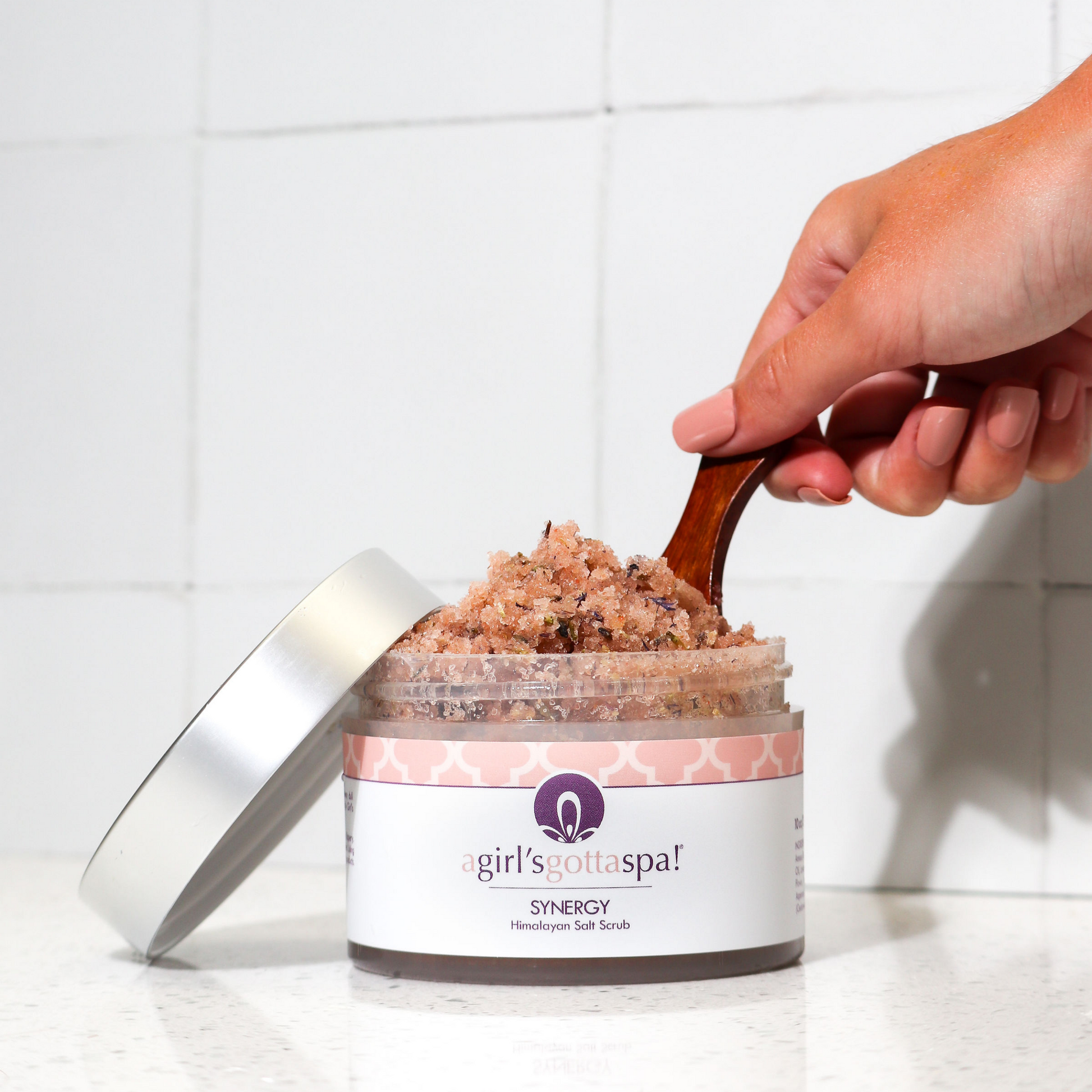 Synergy Himalayan Salt Body Scrub with wooden spoon – Premium exfoliating body care in a sleek jar.