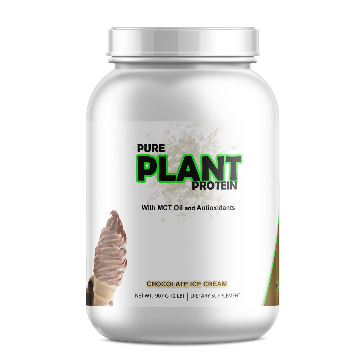 Pure Plant Protein Powder - Chocolate Flavor with MCT Oil, front packaging view.