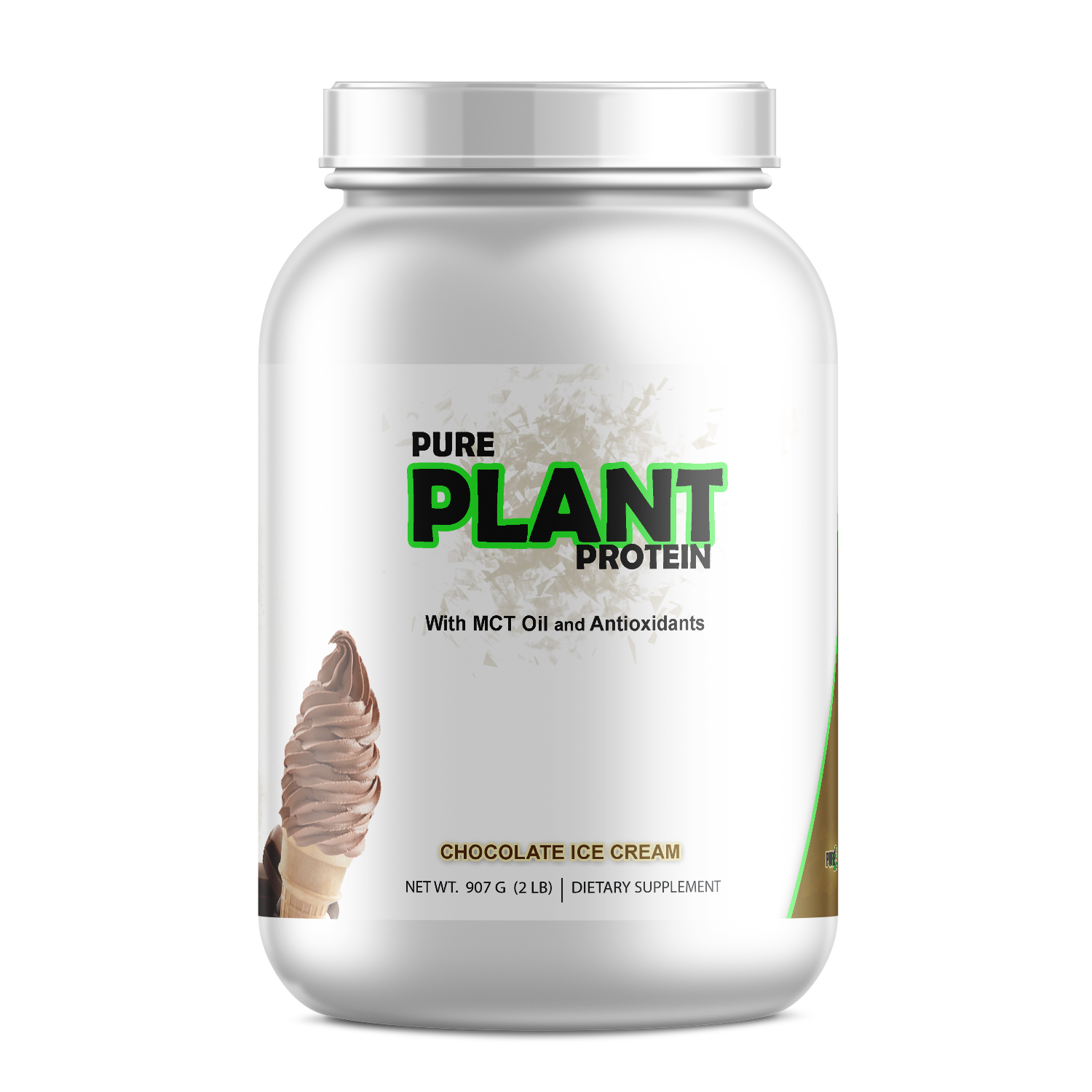 Pure Plant Protein Powder - Chocolate Flavor with MCT Oil, front packaging view.