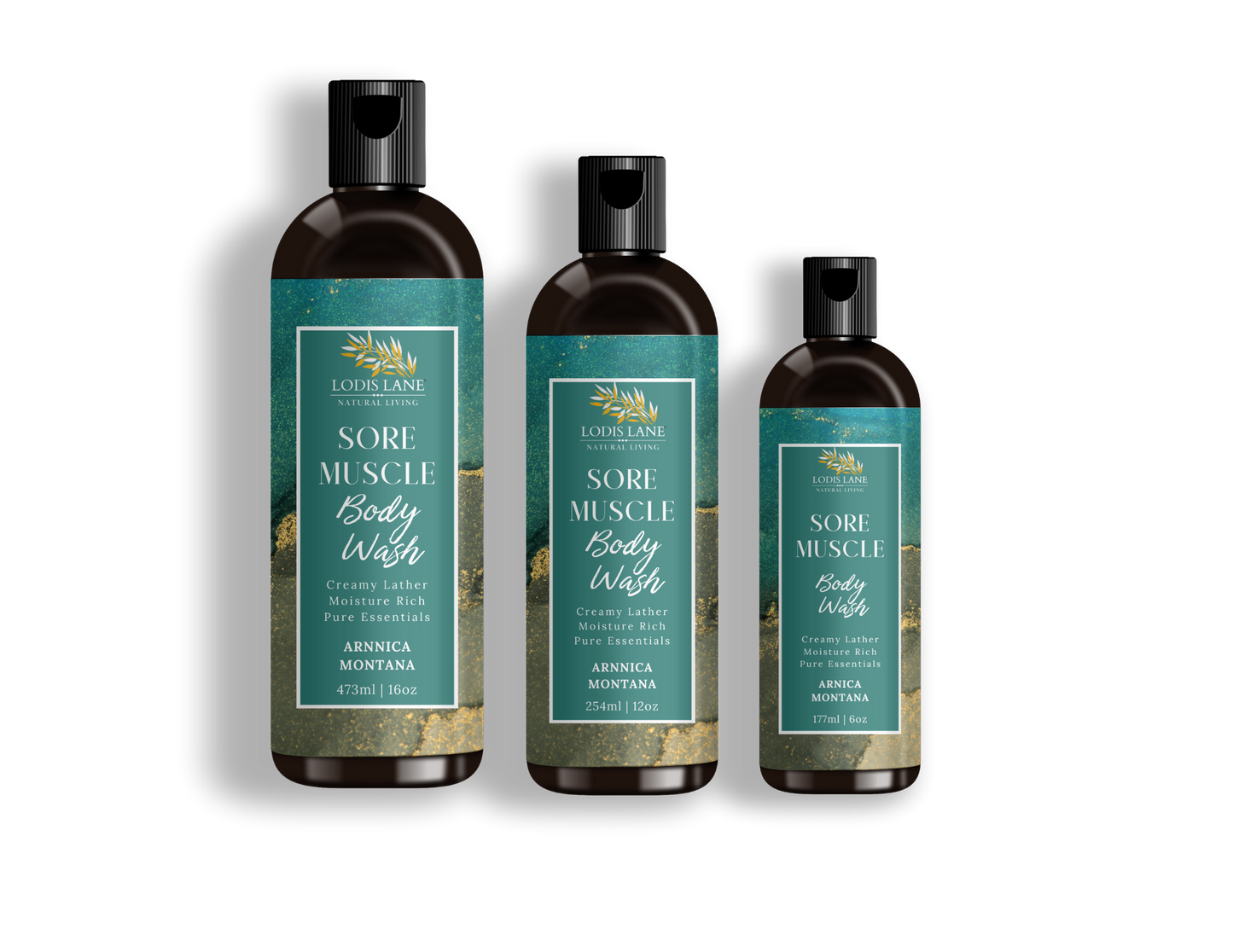 Arnica Montana Sore Muscle Body Wash – Multiple bottle sizes displayed with elegant packaging for premium skincare.