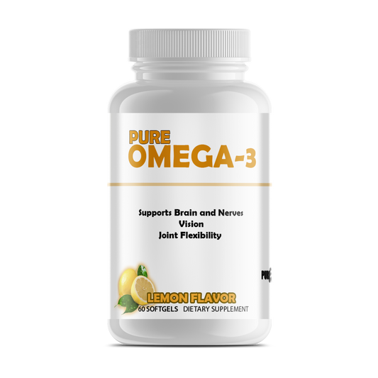 Bottle of Pure Omega-3 softgels with lemon flavor, promoting brain health, vision, and joint flexibility.