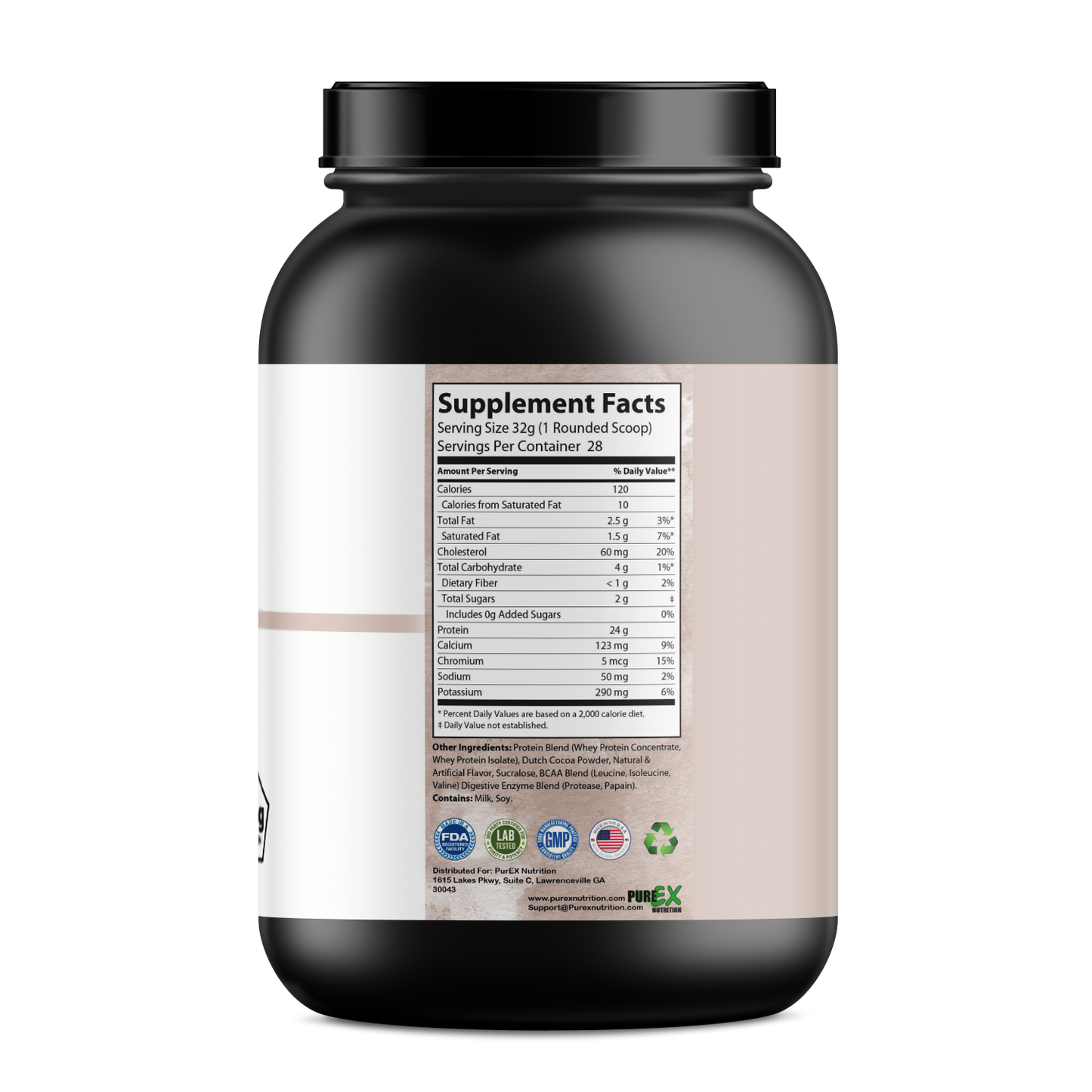 "Absolute Whey Protein nutritional facts, displaying calories, protein content, and essential nutrients.