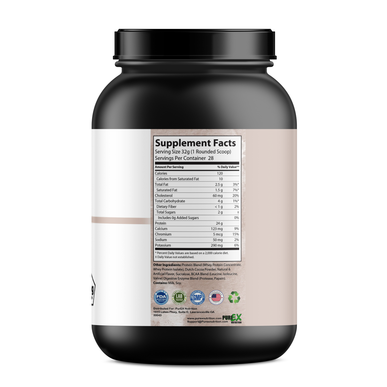 "Absolute Whey Protein nutritional facts, displaying calories, protein content, and essential nutrients.