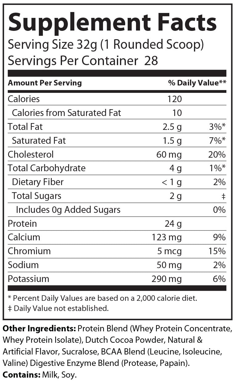 Supplement facts and ingredient list for Absolute Whey Protein - Chocolate Flavor.