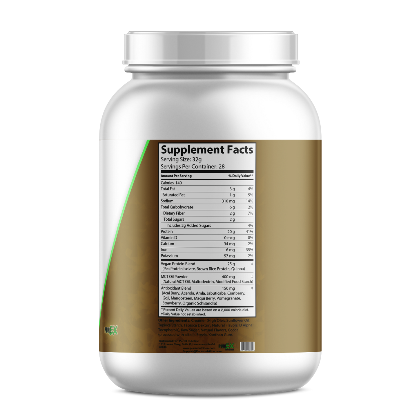 Supplement Facts of Pure Plant Protein Powder - Chocolate Flavor, highlighting key nutrients.