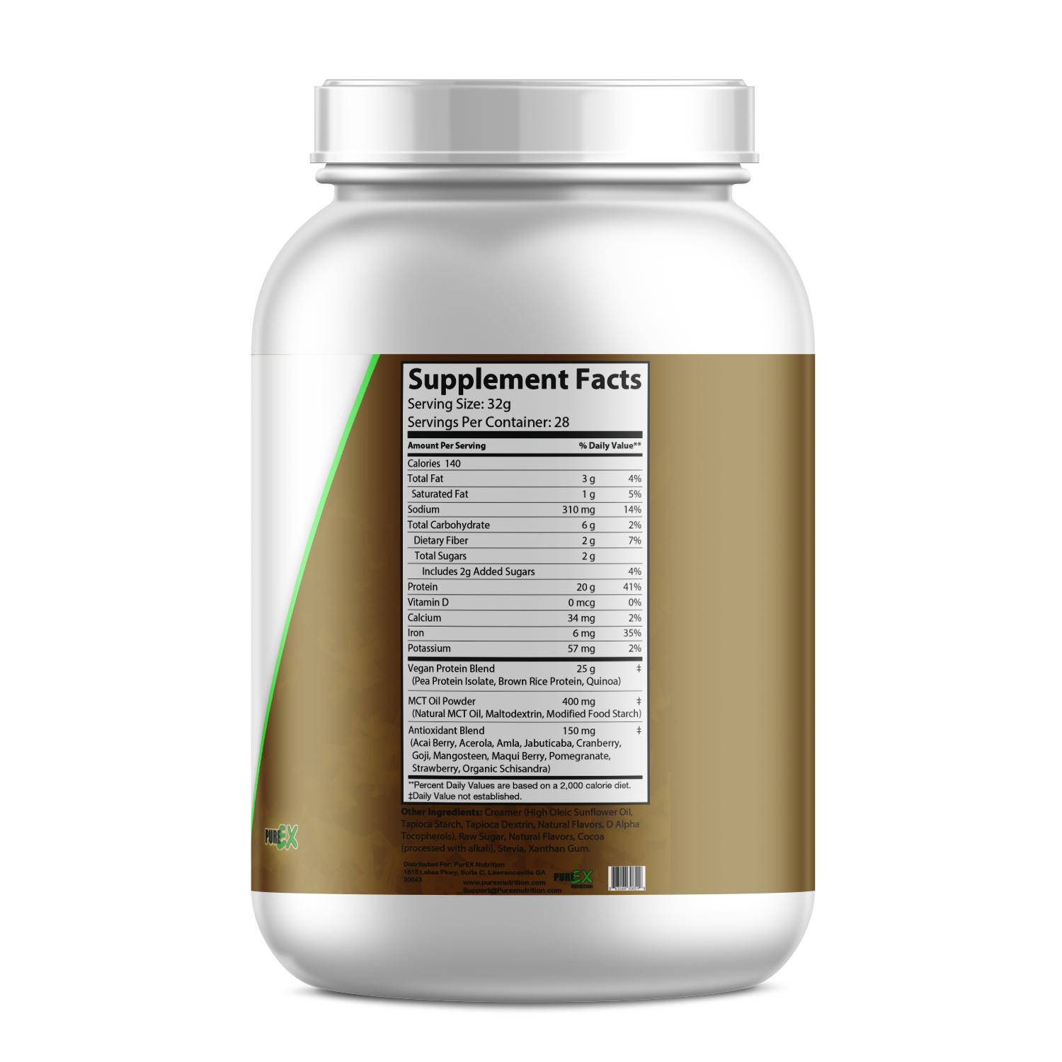 Supplement Facts of Pure Plant Protein Powder - Chocolate Flavor, highlighting key nutrients.