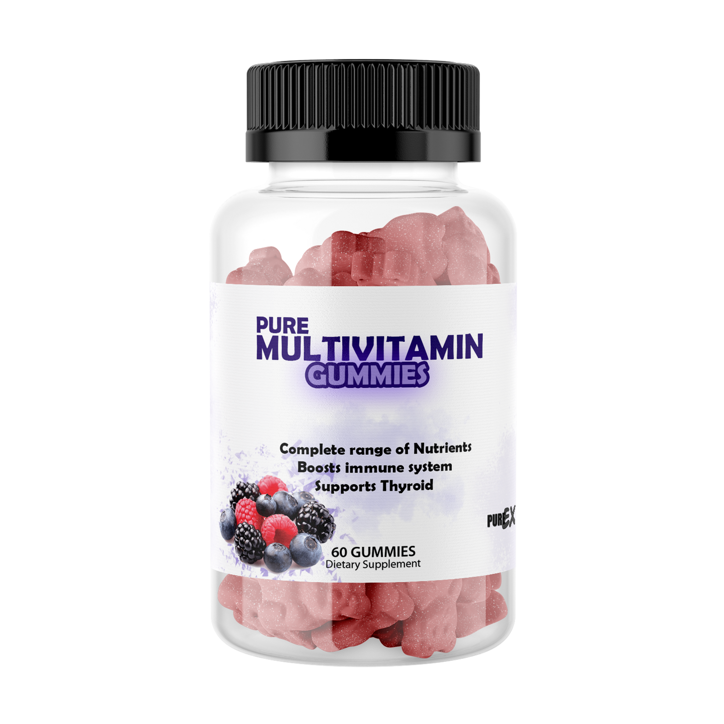 Pure Multi-Vitamin Gummies bottle front view with berry flavor.