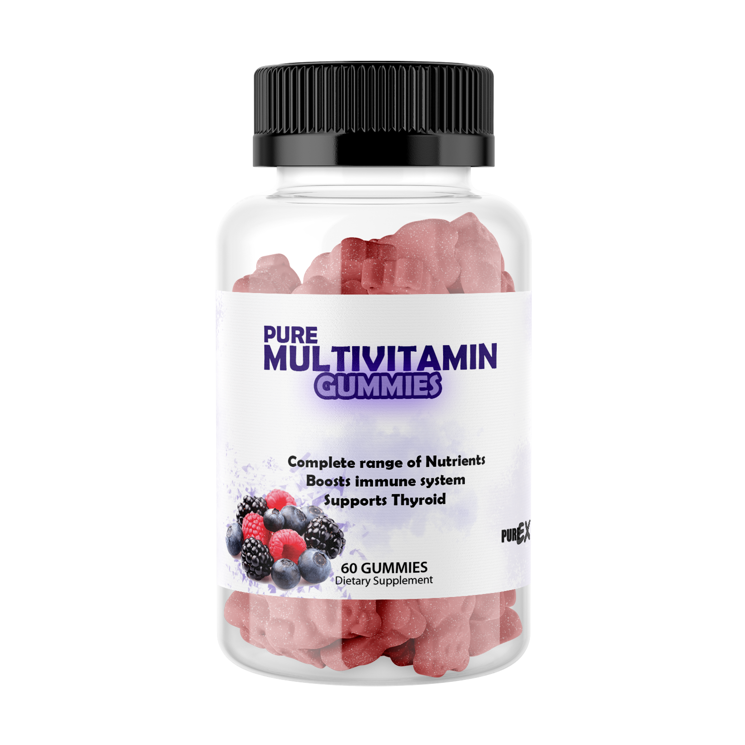 Pure Multi-Vitamin Gummies bottle front view with berry flavor.