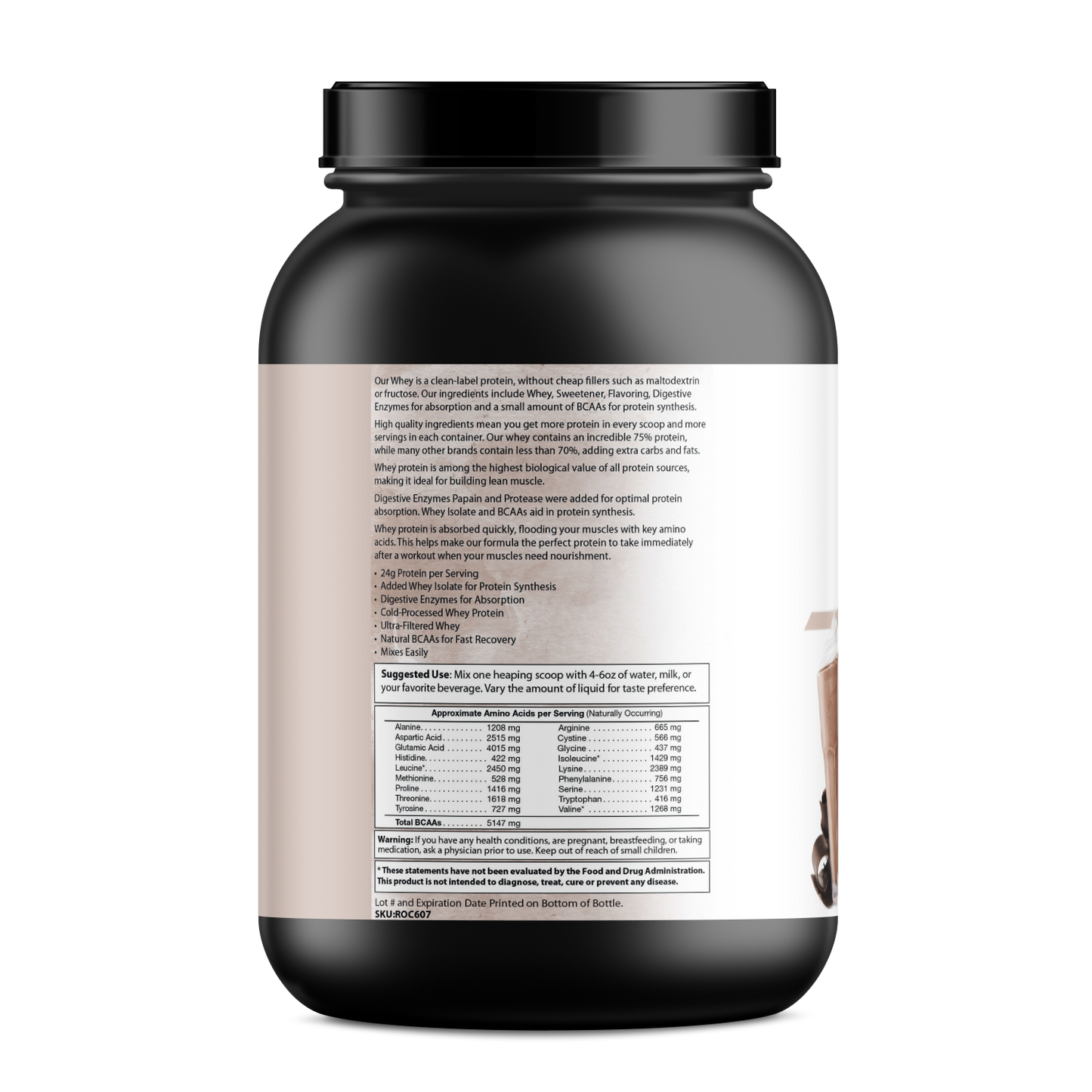 Absolute Whey Protein back label, showing product details and certifications.