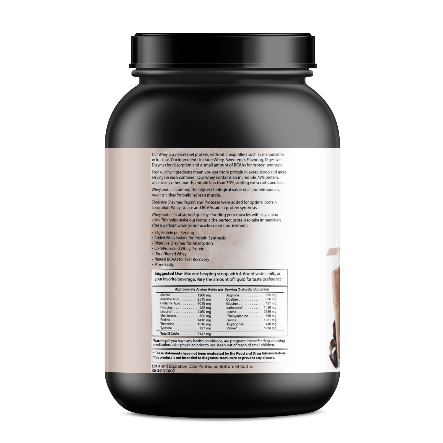 Absolute Whey Protein back label, showing product details and certifications.