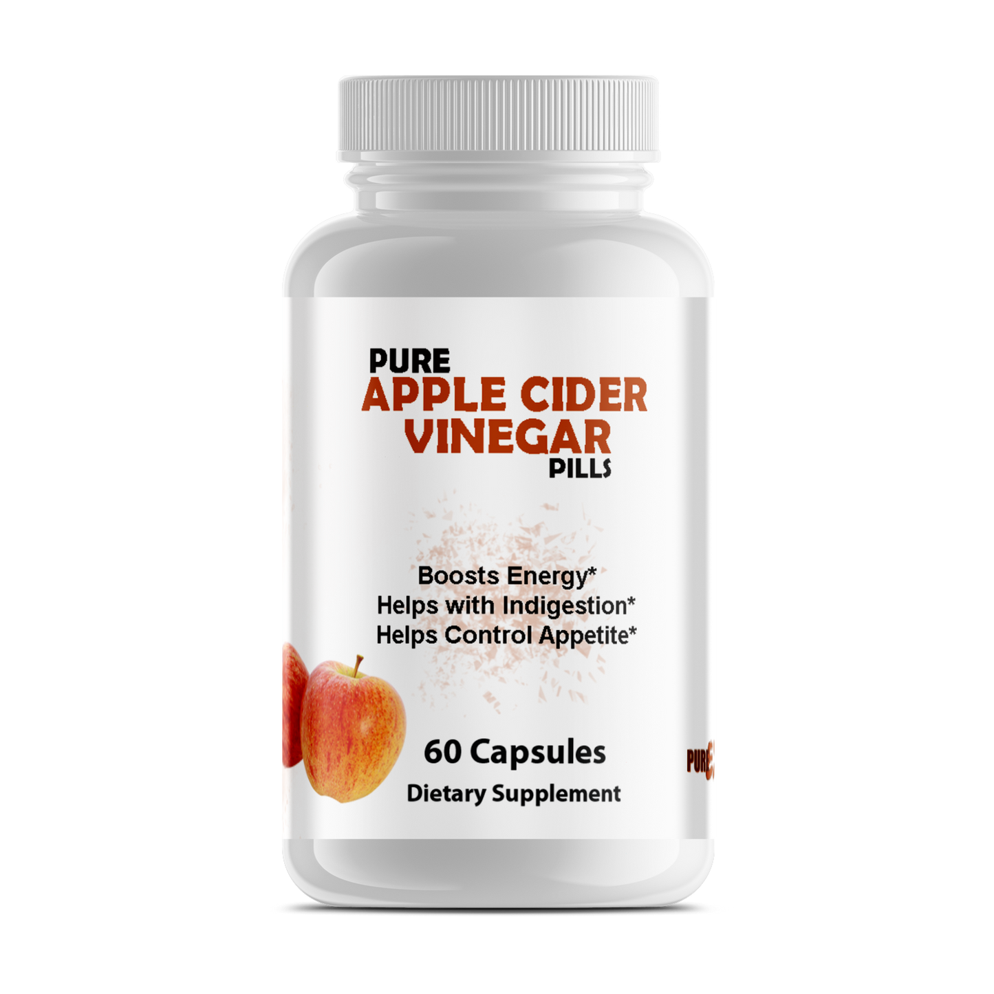 Bottle of Pure Apple Cider Vinegar Pills highlighting benefits for energy boost, digestion, and appetite control.