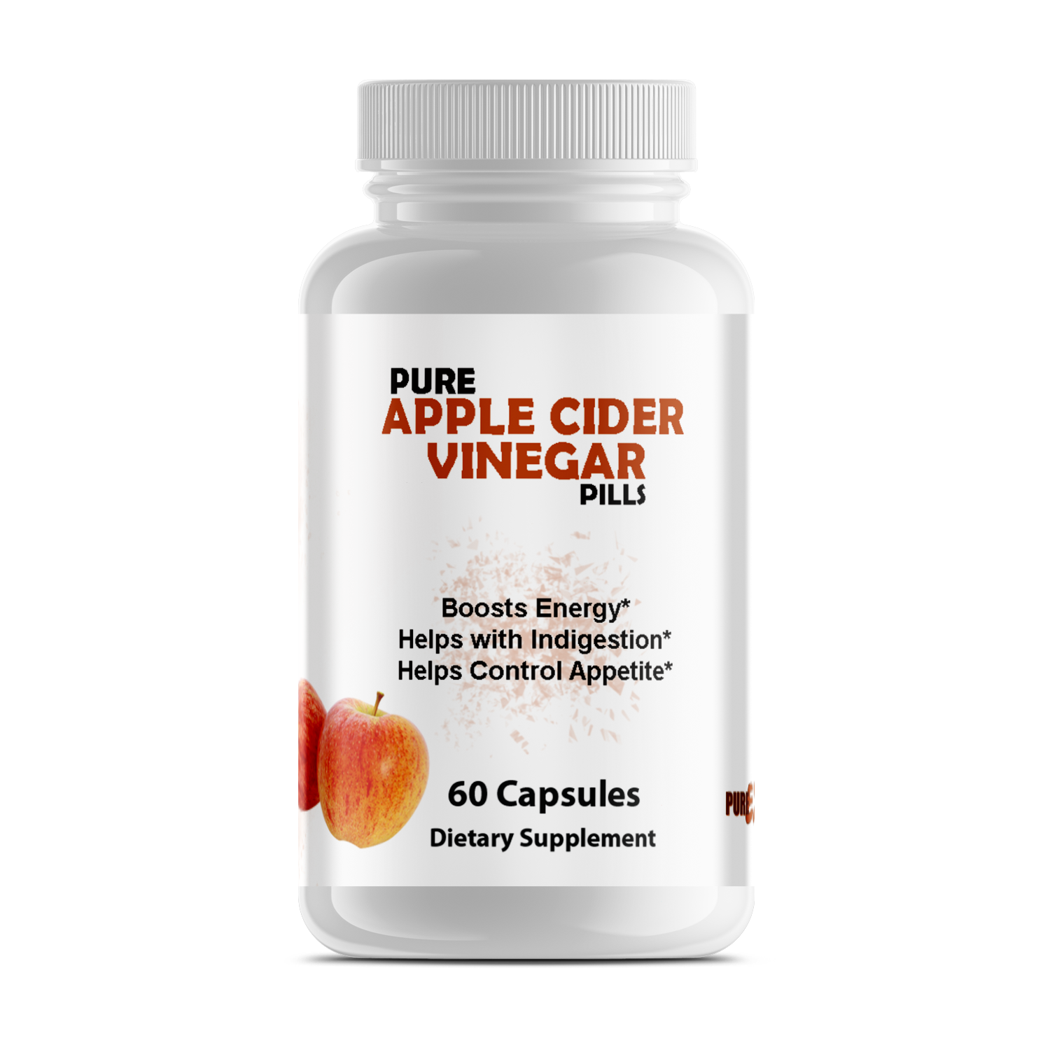 Bottle of Pure Apple Cider Vinegar Pills highlighting benefits for energy boost, digestion, and appetite control.