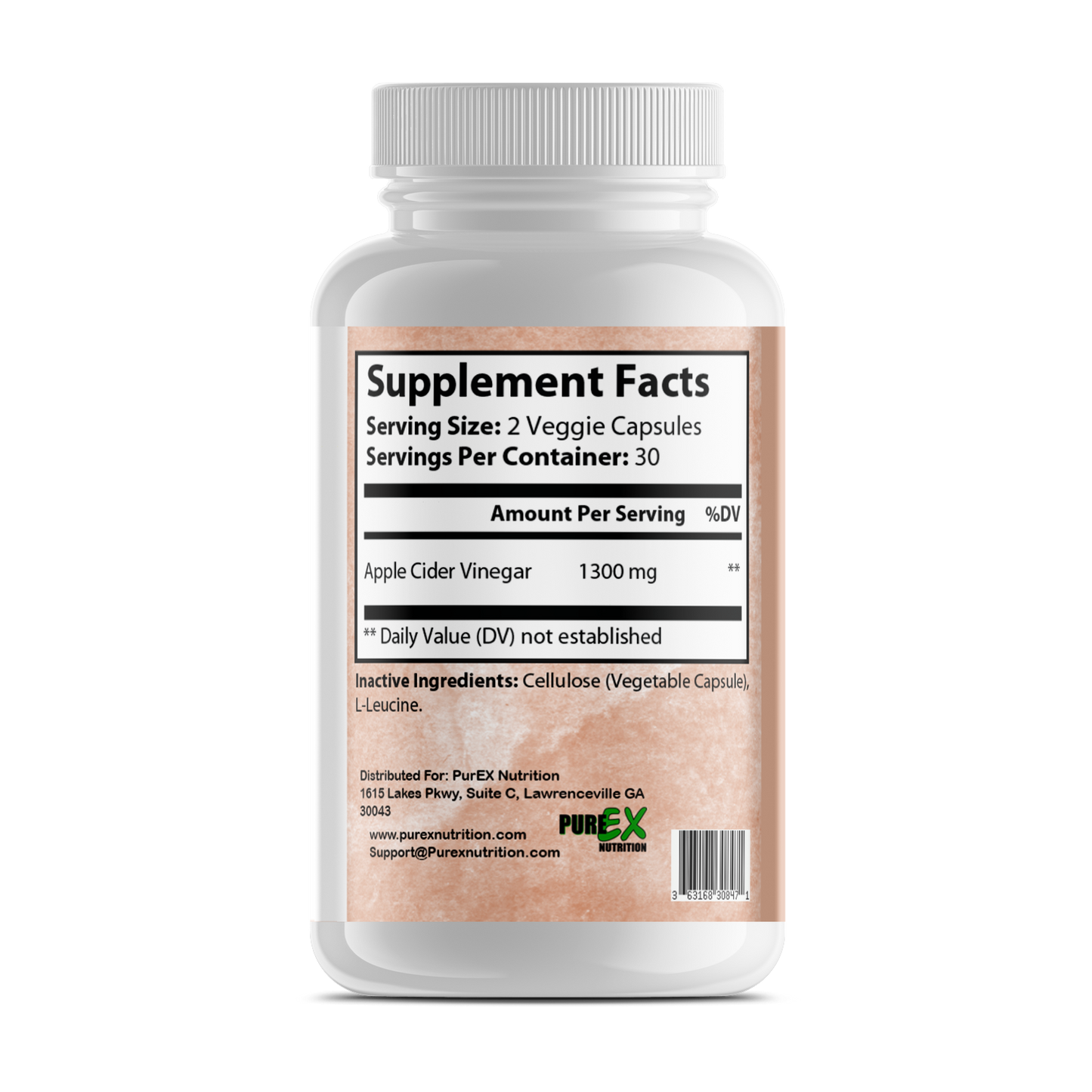 Supplement facts of Pure Apple Cider Vinegar Pills showing ingredients and serving size.