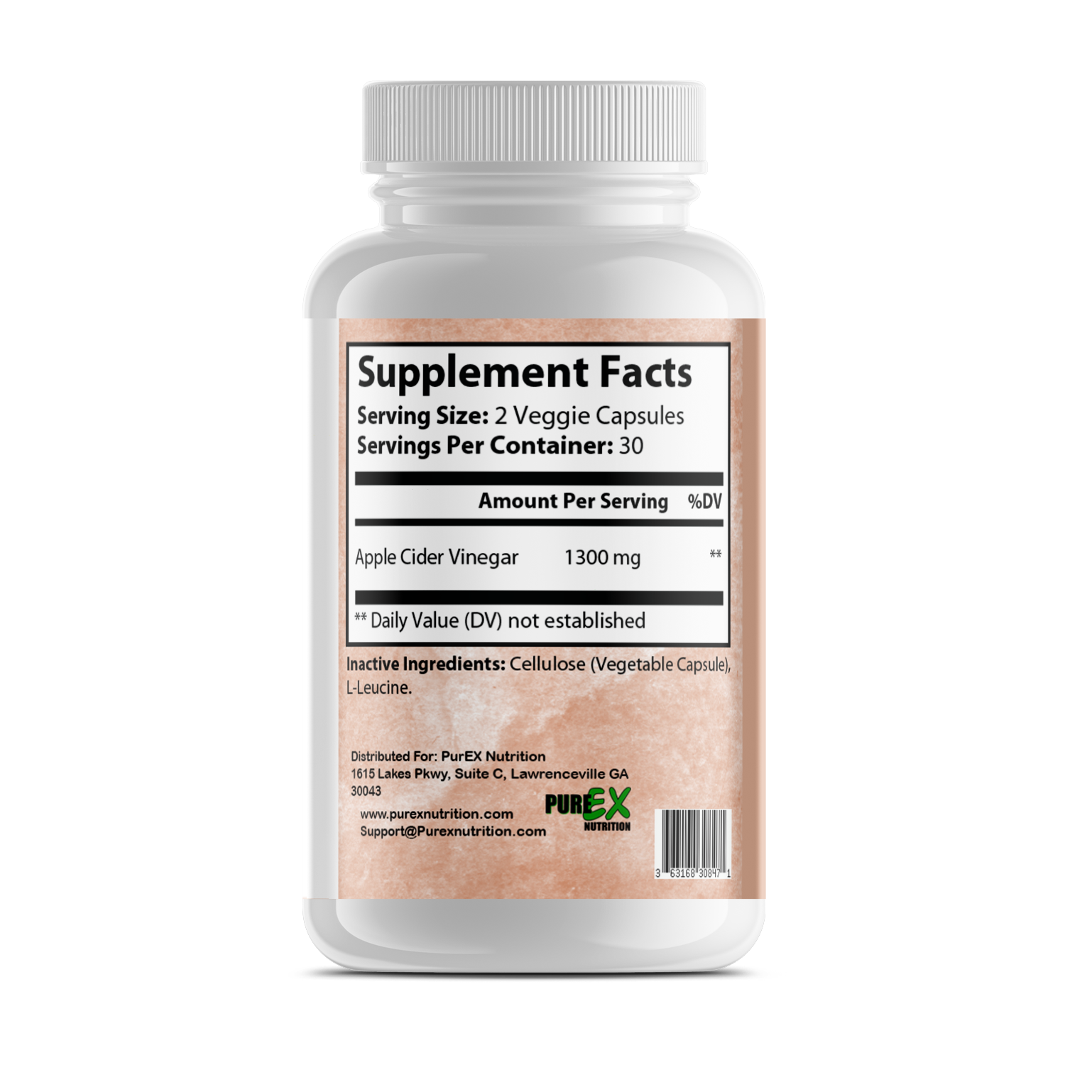 Supplement facts of Pure Apple Cider Vinegar Pills showing ingredients and serving size.