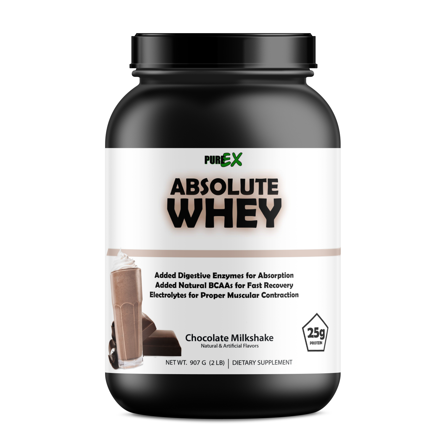 Absolute Whey Protein - Chocolate Flavor front label with premium whey protein branding.