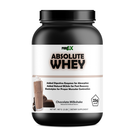 Absolute Whey Protein - Chocolate Flavor front label with premium whey protein branding.