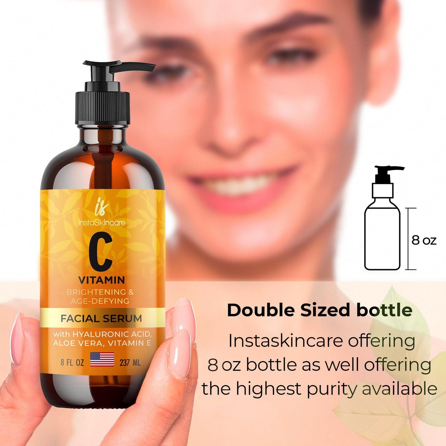 Vitamin C Serum 8oz bottle held by hand – highlighting its easy-to-use pump design.