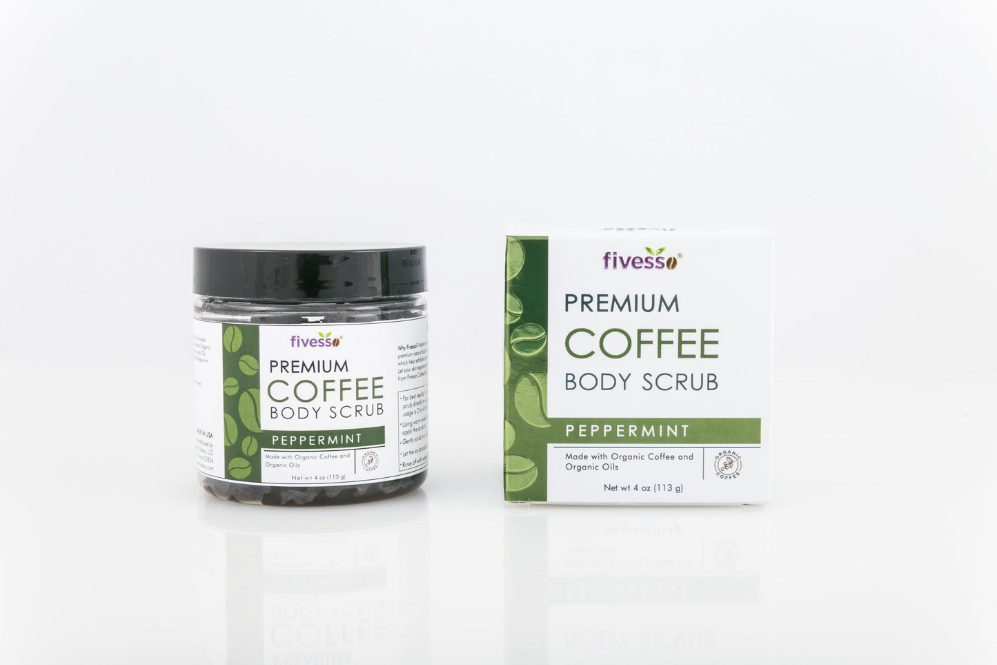 Fivesso Peppermint Premium Coffee Body Scrub jar and box showcasing organic ingredients for skincare.