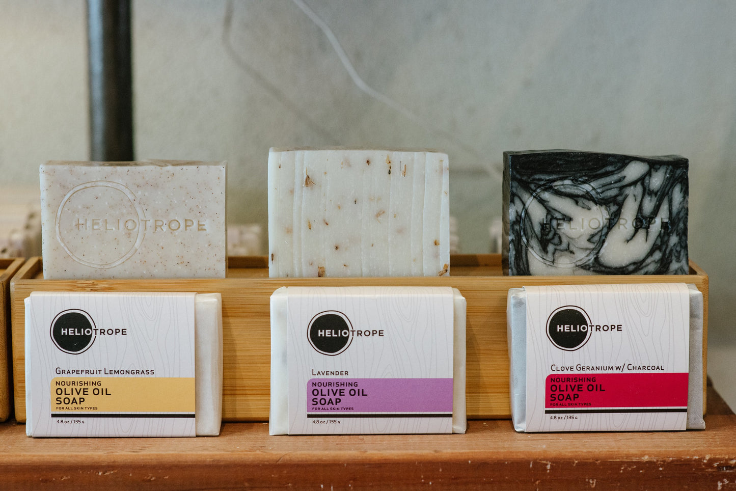 Display of Artisanal Olive Oil Soaps in Multiple Variants.