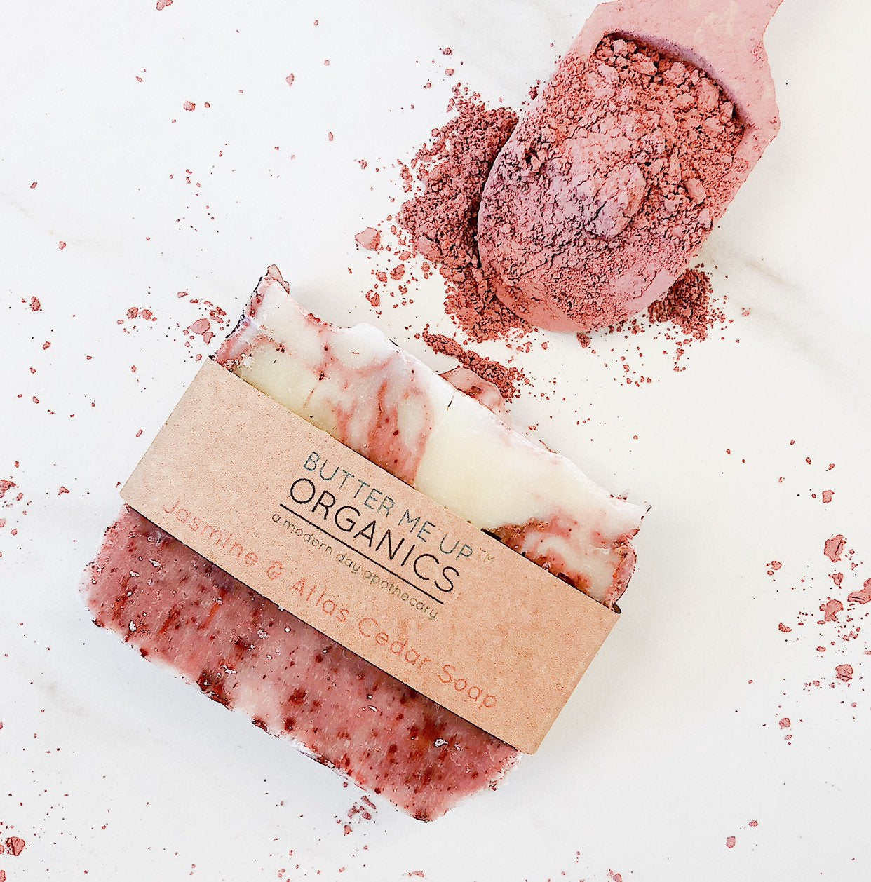 Close-up of Jasmine & Cedar Soap with rose clay – artisan skincare.