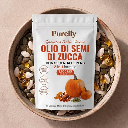 Olio di Semi di Zucca Purelly in una ciotola di semi