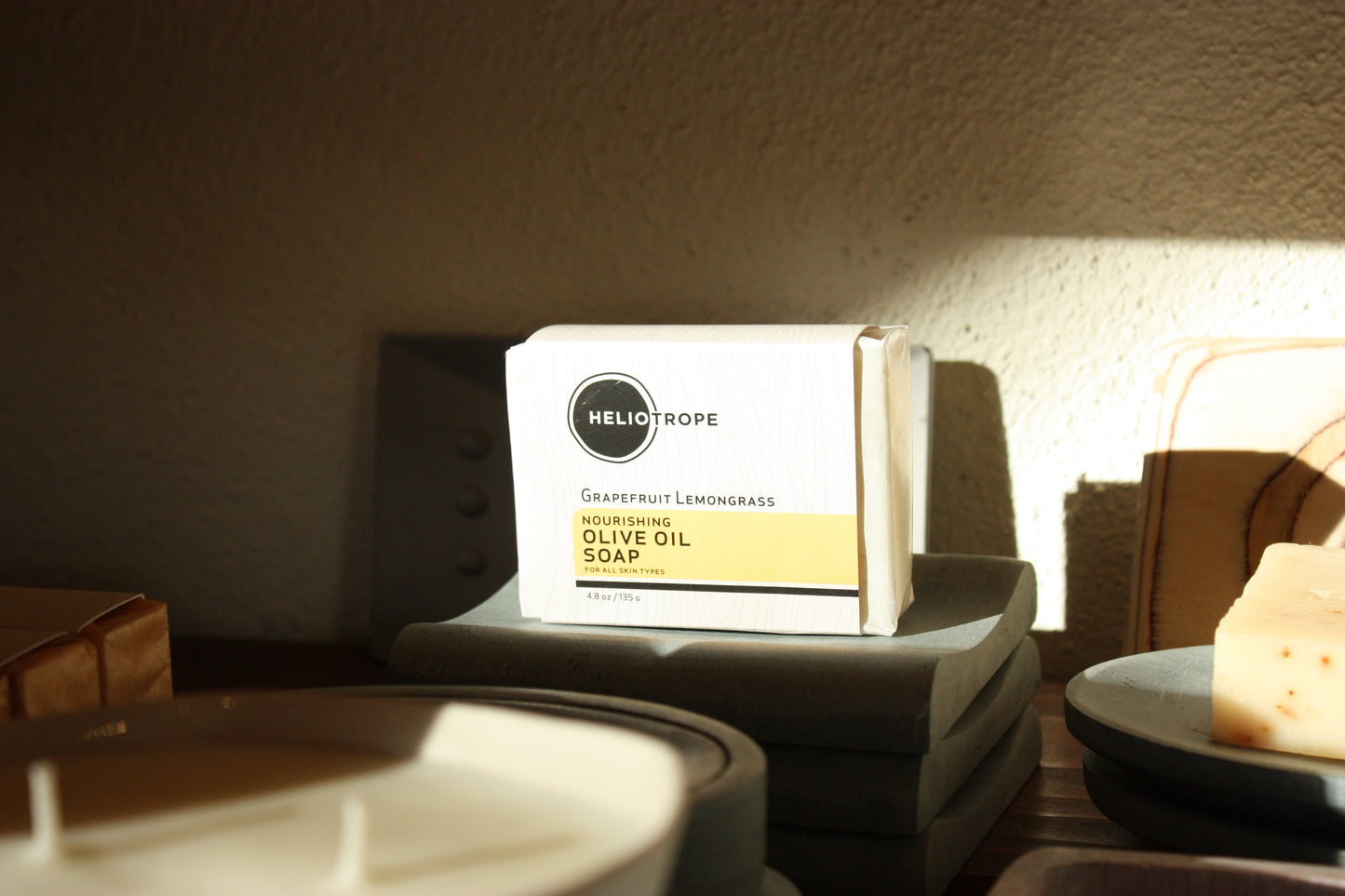 Premium Handmade Olive Oil Soaps Displayed in a Home Setting.